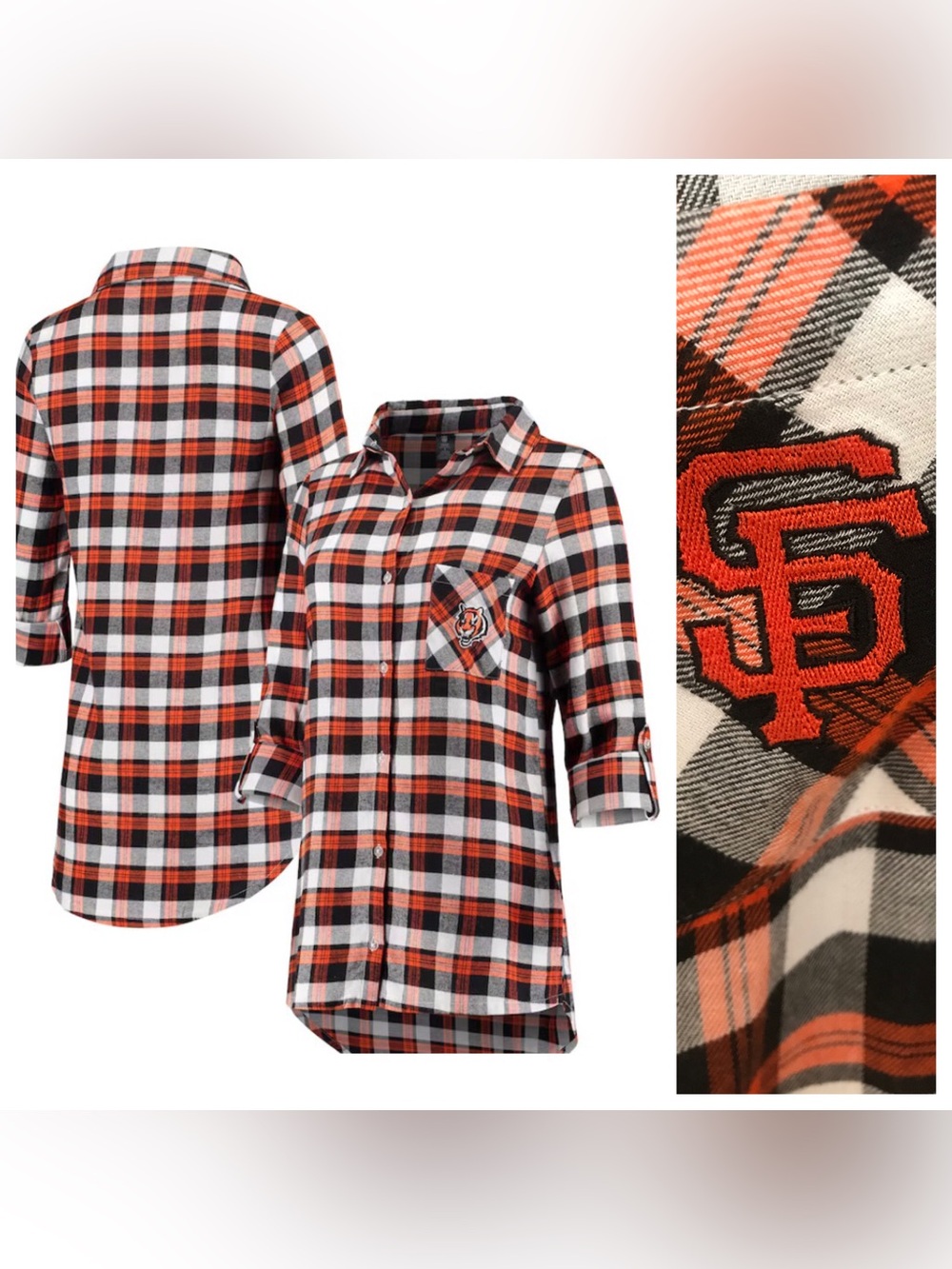 NWOT San Francisco Giants Black/Orange Breakout Flannel Long Sleeve Nightshirt